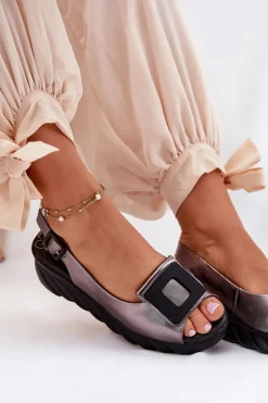 Clearance Artiker Skórzane Sandały Damskie Na Koturnie z Ozdobą 56C2158 Grafitowe Srebrny