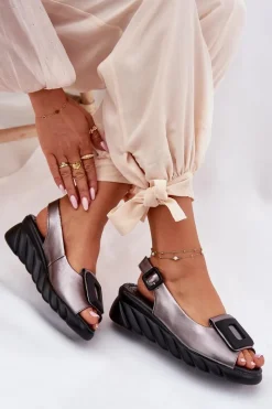 Clearance Artiker Skórzane Sandały Damskie Na Koturnie z Ozdobą 56C2158 Grafitowe Srebrny