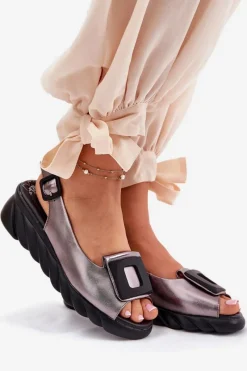 Clearance Artiker Skórzane Sandały Damskie Na Koturnie z Ozdobą 56C2158 Grafitowe Srebrny