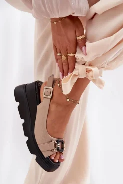 Sandały Z Cholewką|Sandały Na Koturnie></noscript>Artiker Skórzane Sandały Damskie Na Koturnie I Platformie Z Ozdobą 56C2209 Beżowe Beżowy