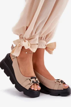 Sandały Z Cholewką|Sandały Na Koturnie></noscript>Artiker Skórzane Sandały Damskie Na Koturnie I Platformie Z Ozdobą 56C2209 Beżowe Beżowy