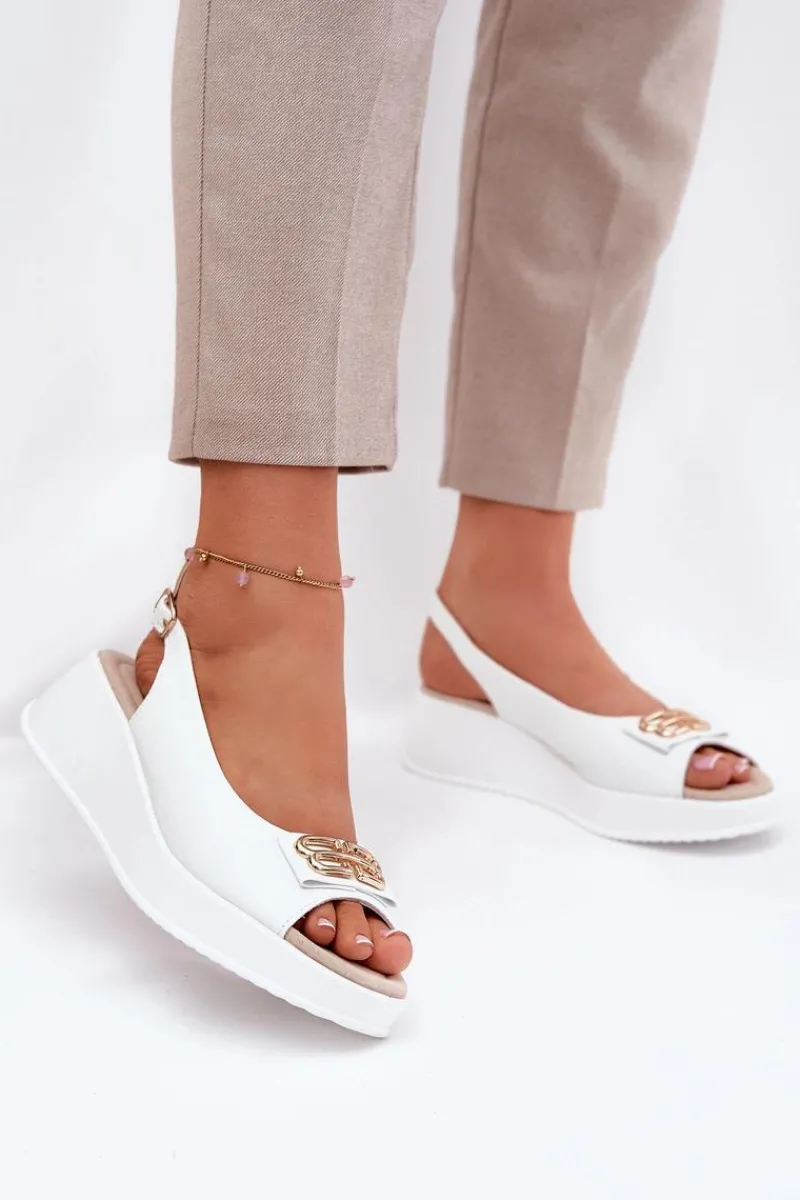 Discount Damskie buty S.Barski Skórzane Sandały Damskie Na Koturnie Z Ozdobnym Detalem S.Barski LR51-593 Białe