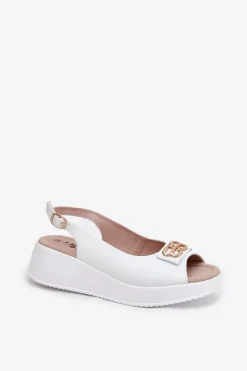 Discount Damskie buty S.Barski Skórzane Sandały Damskie Na Koturnie Z Ozdobnym Detalem S.Barski LR51-593 Białe