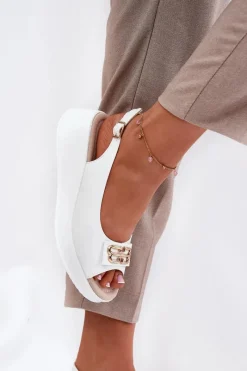 Discount Damskie buty S.Barski Skórzane Sandały Damskie Na Koturnie Z Ozdobnym Detalem S.Barski LR51-593 Białe