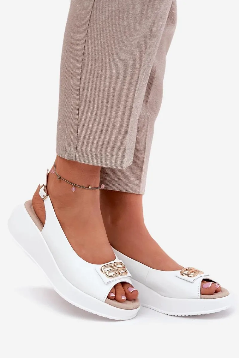 Discount Damskie buty S.Barski Skórzane Sandały Damskie Na Koturnie Z Ozdobnym Detalem S.Barski LR51-593 Białe