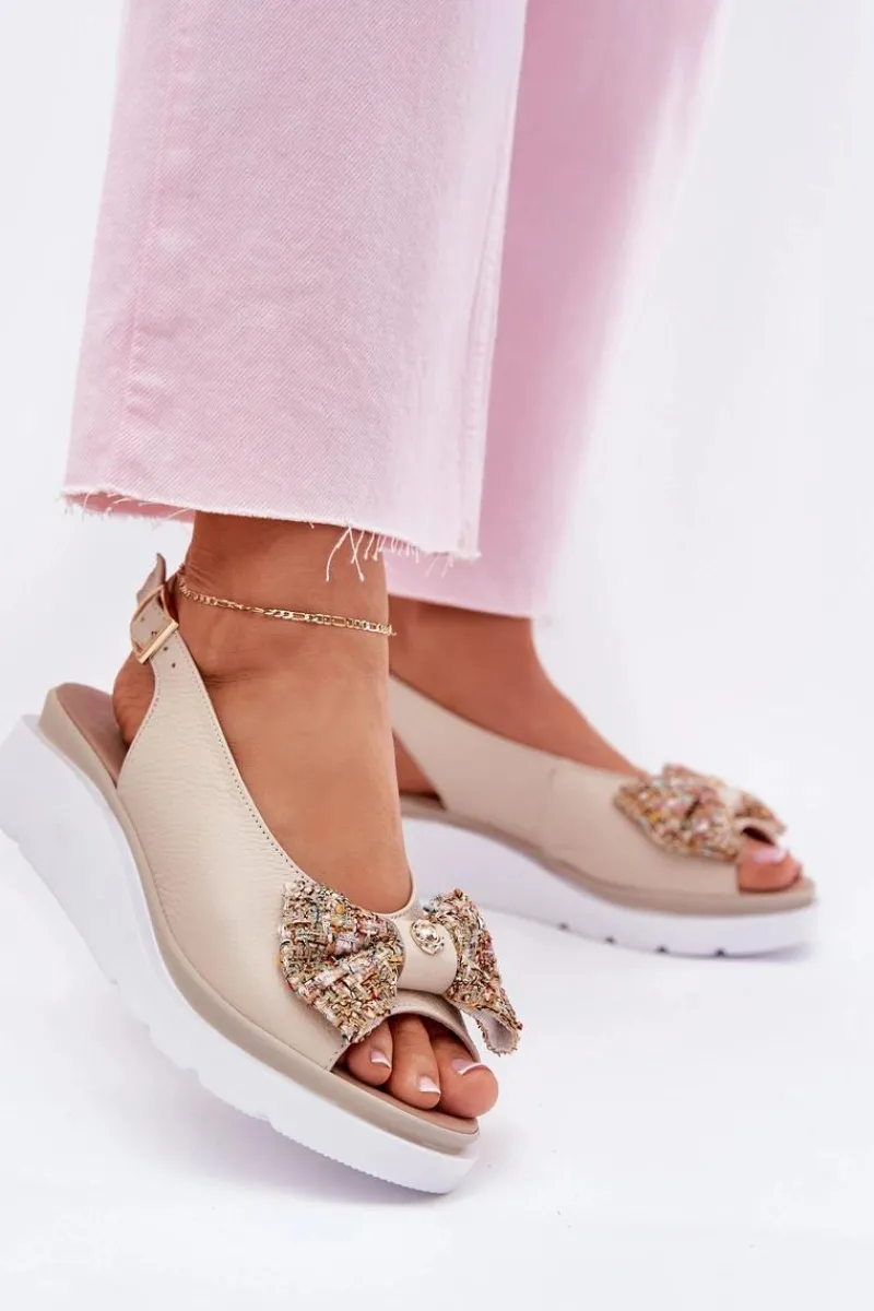 New Skórzane Sandały Damskie Na Koturnie Z Kokardą 1882 Beżowe Damskie Sandały Na Koturnie