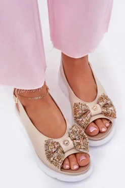 New Skórzane Sandały Damskie Na Koturnie Z Kokardą 1882 Beżowe Damskie Sandały Na Koturnie