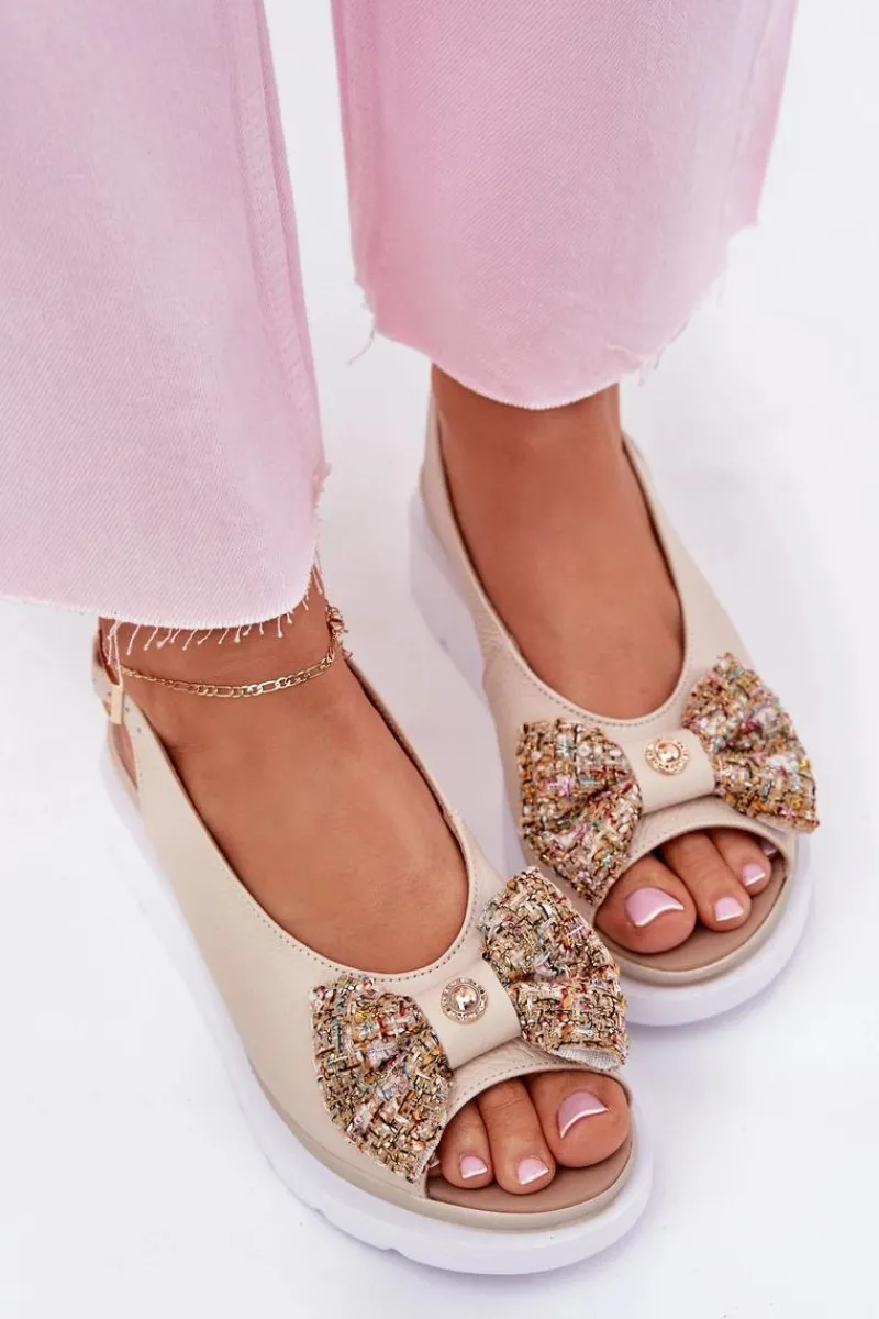 New Skórzane Sandały Damskie Na Koturnie Z Kokardą 1882 Beżowe Damskie Sandały Na Koturnie