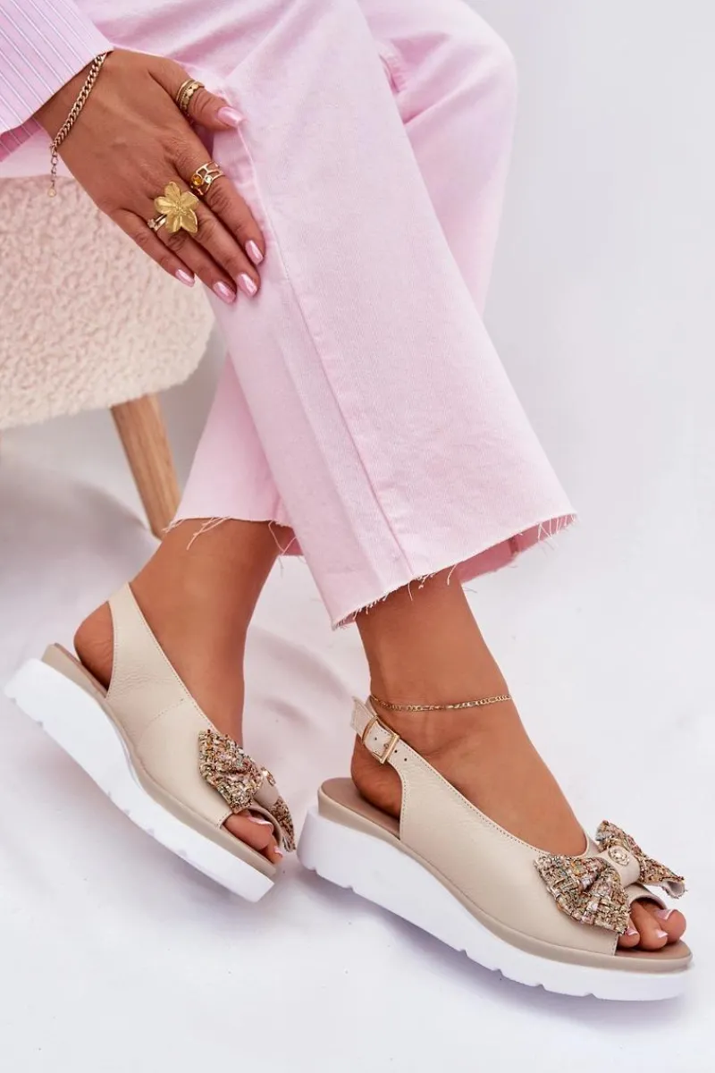 New Skórzane Sandały Damskie Na Koturnie Z Kokardą 1882 Beżowe Damskie Sandały Na Koturnie