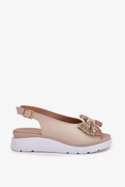 New Skórzane Sandały Damskie Na Koturnie Z Kokardą 1882 Beżowe Damskie Sandały Na Koturnie