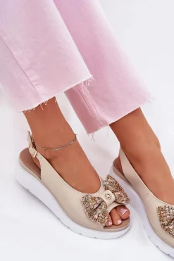 New Skórzane Sandały Damskie Na Koturnie Z Kokardą 1882 Beżowe Damskie Sandały Na Koturnie