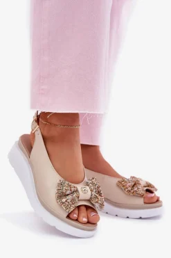 New Skórzane Sandały Damskie Na Koturnie Z Kokardą 1882 Beżowe Damskie Sandały Na Koturnie