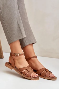 Boto Skórzane Sandały Damskie Na Płaskim Obcasie Zazoo 3688 Camel