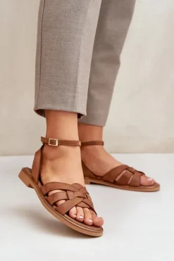 Boto Skórzane Sandały Damskie Na Płaskim Obcasie Zazoo 3688 Camel