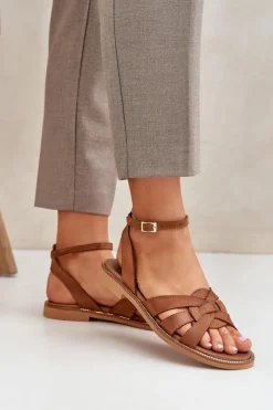 Boto Skórzane Sandały Damskie Na Płaskim Obcasie Zazoo 3688 Camel