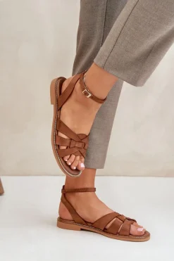 Boto Skórzane Sandały Damskie Na Płaskim Obcasie Zazoo 3688 Camel