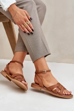 Boto Skórzane Sandały Damskie Na Płaskim Obcasie Zazoo 3688 Camel