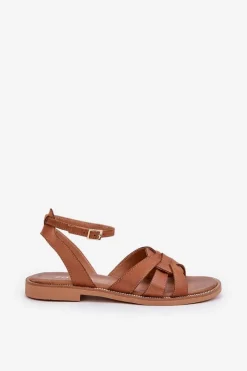 Boto Skórzane Sandały Damskie Na Płaskim Obcasie Zazoo 3688 Camel