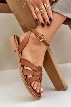 Boto Skórzane Sandały Damskie Na Płaskim Obcasie Zazoo 3688 Camel