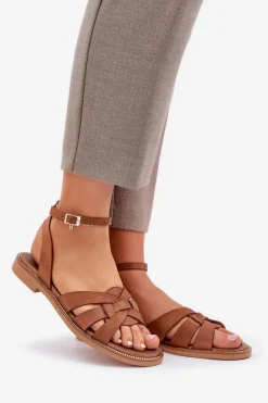 Boto Skórzane Sandały Damskie Na Płaskim Obcasie Zazoo 3688 Camel