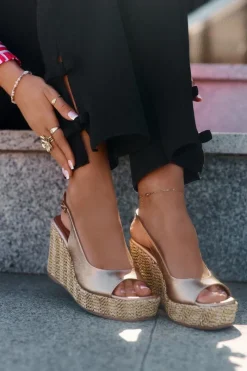 Hot Skórzane Sandały Damskie Na Koturnie Z Plecionką 2789 Złote Damskie Sandały Na Koturnie