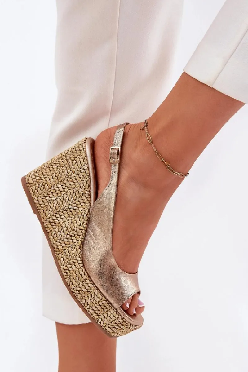 Hot Skórzane Sandały Damskie Na Koturnie Z Plecionką 2789 Złote Damskie Sandały Na Koturnie
