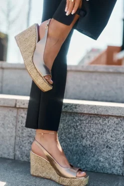 Hot Skórzane Sandały Damskie Na Koturnie Z Plecionką 2789 Złote Damskie Sandały Na Koturnie