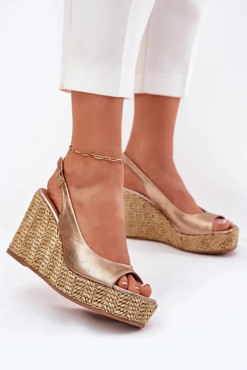 Hot Skórzane Sandały Damskie Na Koturnie Z Plecionką 2789 Złote Damskie Sandały Na Koturnie