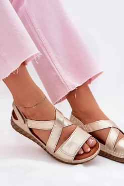 Clearance Skórzane Sandały Damskie Na Rzep L6848-25 Złote Damskie Sandały Na Koturnie|Sandały Płaskie