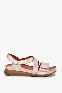 Clearance Skórzane Sandały Damskie Na Rzep L6848-25 Złote Damskie Sandały Na Koturnie|Sandały Płaskie