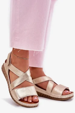 Clearance Skórzane Sandały Damskie Na Rzep L6848-25 Złote Damskie Sandały Na Koturnie|Sandały Płaskie