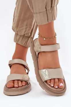 Sandały Płaskie>Zazoo Skórzane Sandały Damskie Na Platformie 40443 Beżowe Beżowy