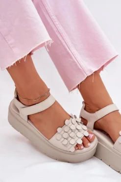 Outlet CheBello Skórzane Sandały Damskie Na Platformie 4701 Beżowe