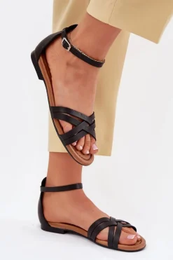 New Skórzane Sandały Damskie Na Płaskim Obcasie 07029-01 Czarne Damskie Sandały Płaskie