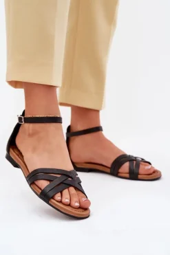 New Skórzane Sandały Damskie Na Płaskim Obcasie 07029-01 Czarne Damskie Sandały Płaskie