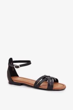 New Skórzane Sandały Damskie Na Płaskim Obcasie 07029-01 Czarne Damskie Sandały Płaskie