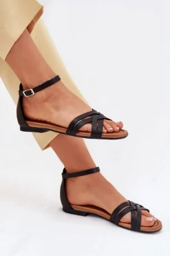 New Skórzane Sandały Damskie Na Płaskim Obcasie 07029-01 Czarne Damskie Sandały Płaskie