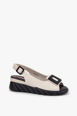 Discount Artiker Skórzane Sandały Damskie Na Koturnie z Ozdobą 56C1570 Beżowe Beżowy