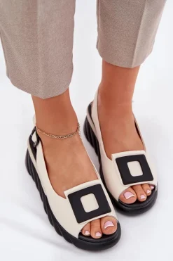 Discount Artiker Skórzane Sandały Damskie Na Koturnie z Ozdobą 56C1570 Beżowe Beżowy