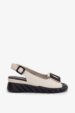 Discount Artiker Skórzane Sandały Damskie Na Koturnie z Ozdobą 56C1570 Beżowe Beżowy