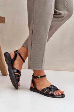 Best Skórzane Sandały Damskie Na Płaskim Obcasie Zazoo 3688 Czarne Damskie Sandały Płaskie