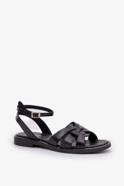 Best Skórzane Sandały Damskie Na Płaskim Obcasie Zazoo 3688 Czarne Damskie Sandały Płaskie