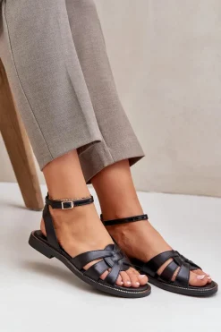 Best Skórzane Sandały Damskie Na Płaskim Obcasie Zazoo 3688 Czarne Damskie Sandały Płaskie