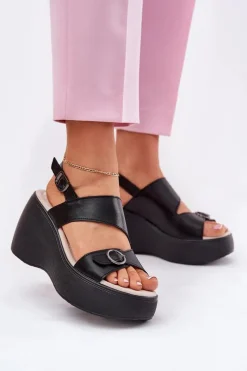 Skórzane Sandały Damskie Na Koturnie I Platformie S.Barski LR51-540 Czarne Damskie Sandały Na Koturnie