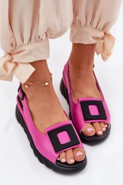 Discount Skórzane Sandały Damskie Na Koturnie z Ozdobą 56C1571 Fuksja Damskie Sandały Z Cholewką|Sandały Na Koturnie