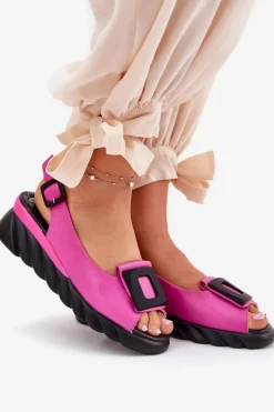 Discount Skórzane Sandały Damskie Na Koturnie z Ozdobą 56C1571 Fuksja Damskie Sandały Z Cholewką|Sandały Na Koturnie
