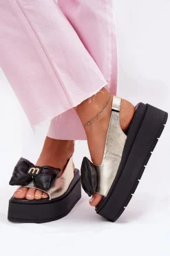 Sandały Na Koturnie|Sandały Płaskie>CheBello Skórzane Sandały Damskie Na Platformie Z Kokardą 4641 Złoto-Czarne