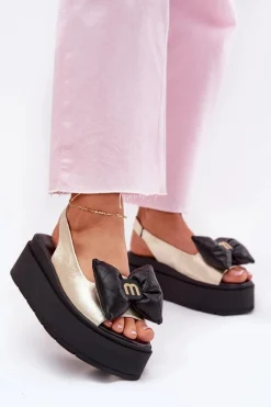 Sandały Na Koturnie|Sandały Płaskie>CheBello Skórzane Sandały Damskie Na Platformie Z Kokardą 4641 Złoto-Czarne