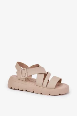 New Skórzane Sandały Damskie Na Platformie Z Klamrą Beżowe Selianae Damskie Sandały Na Koturnie|Sandały Płaskie