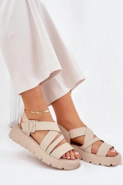 New Skórzane Sandały Damskie Na Platformie Z Klamrą Beżowe Selianae Damskie Sandały Na Koturnie|Sandały Płaskie
